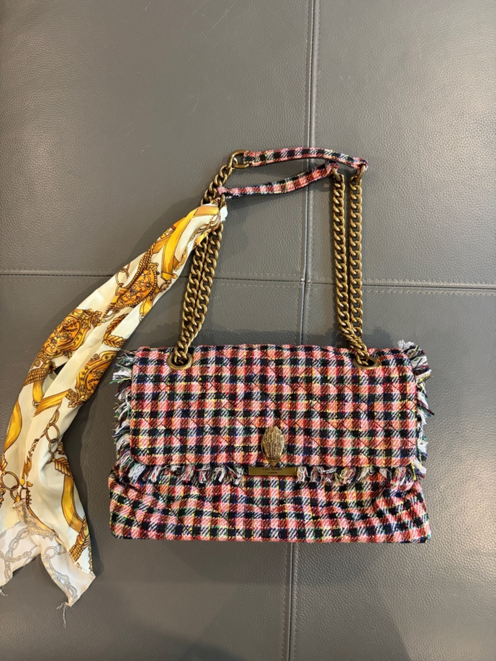 Kurt Geiger Red Multi Woven Plaid Shoulder Bag with Chain Strap